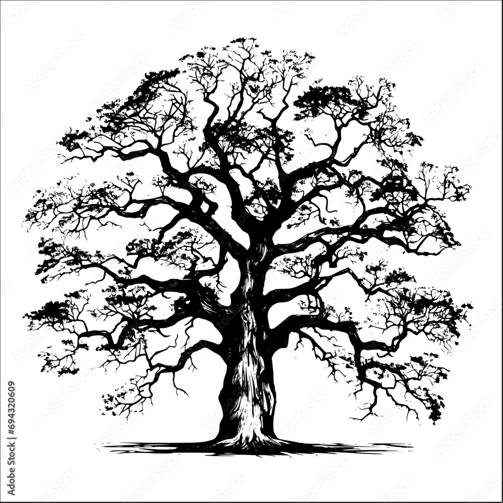 Majestic Tree Silhouette - Monochrome Vector Illustration, Isolated on White Background
