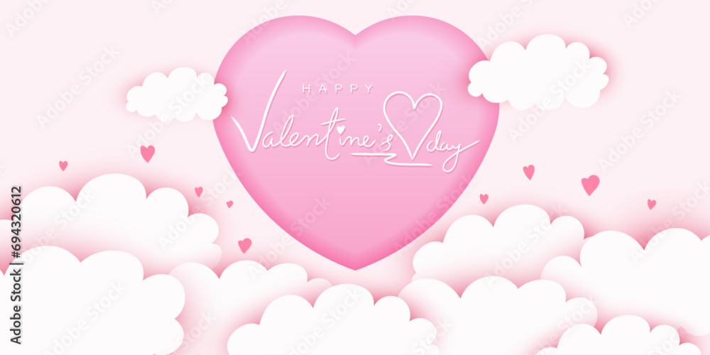 Happy valentine's day card. lovely valentine heart, clouds elements and paper art design.