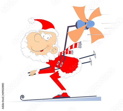 Skiing Santa Claus illustration. Winter sport. Santa Claus tries to skiing faster using a propeller. Isolated on white background 