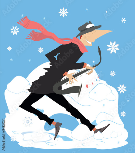 Winter. Snow. Man playing saxophone. 
Winter concert. Snowflakes. Smiling musician playing saxophone with inspiration
