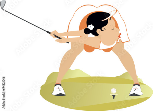 Golfer woman on the golf course. 
Golf course. Cartoon young golfer woman aiming to do a good shot. Isolated on white background
