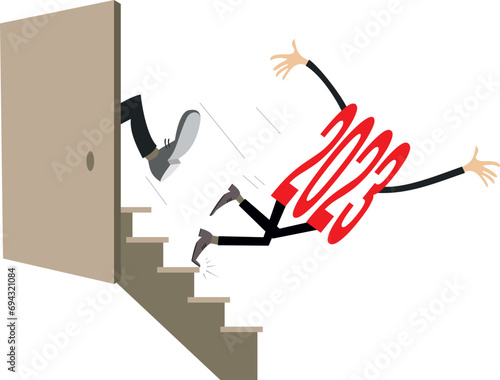 New Year. 2023 year is given a kick and falls down the stairs