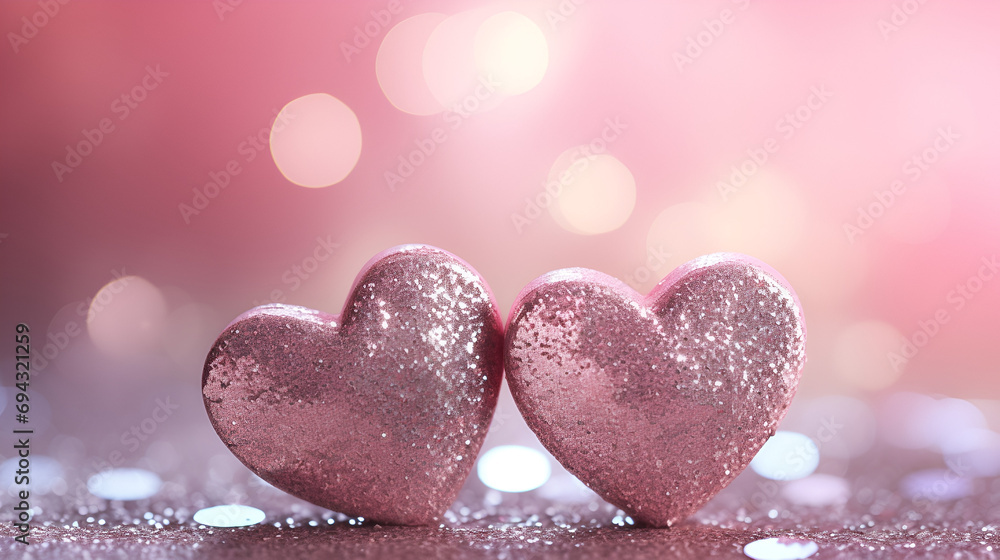Fototapeta premium Two Hearts On Pink Glitter In Shiny Background - Valentine's Day Concept