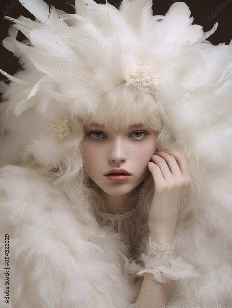 fashion studio photo of beautiful girl with blond hair in luxurious fur coat