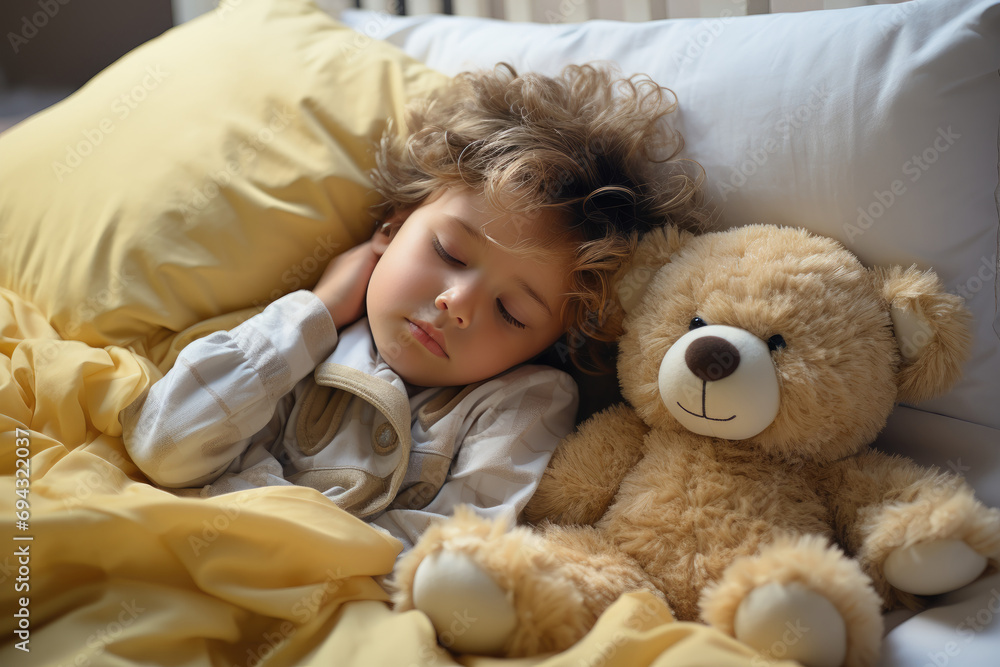 Cute baby sleeping in a crib with a teddy bear