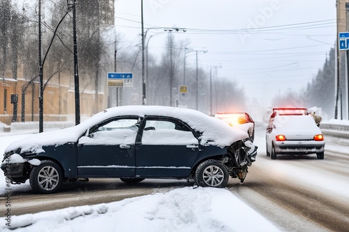 Crashed cars right after an accident on winter road with snow
