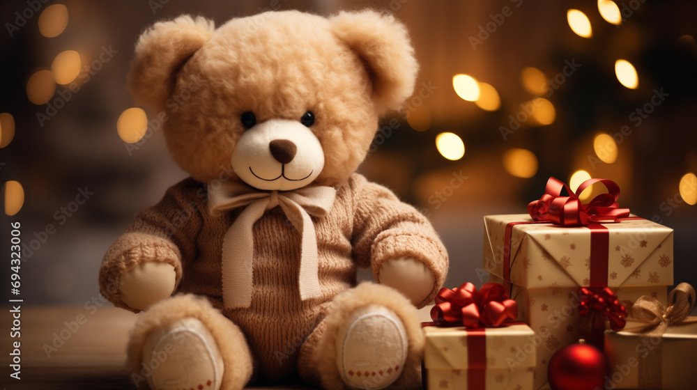Bear doll holding giftbox in room with warm lighting and pine tree. Generative ai. Bear doll holding giftbox in room with warm lighting and pine tree. Generative ai.