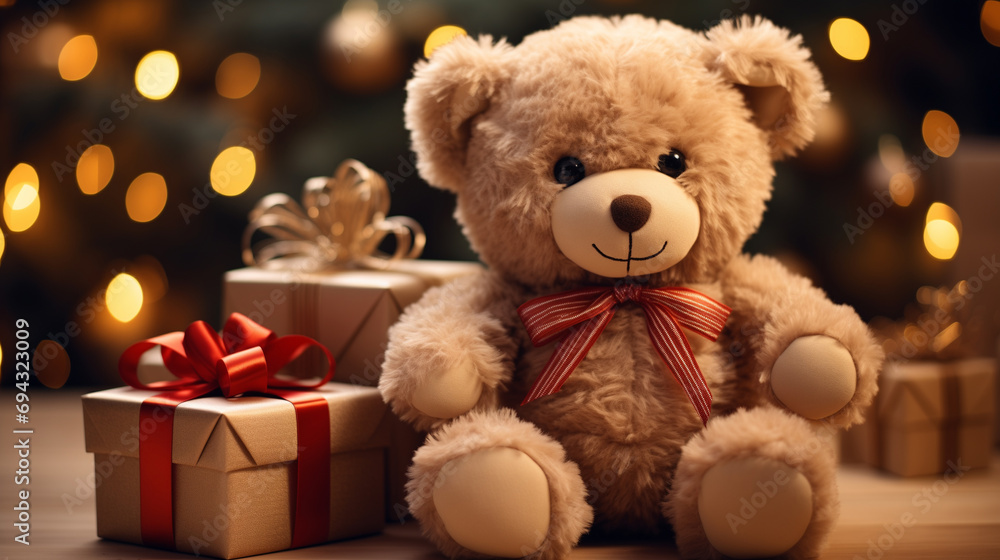 Bear doll holding giftbox in room with warm lighting and pine tree. Generative ai. Bear doll holding giftbox in room with warm lighting and pine tree. Generative ai.