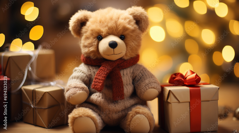 Bear doll holding giftbox in room with warm lighting and pine tree. Generative ai. Bear doll holding giftbox in room with warm lighting and pine tree. Generative ai.