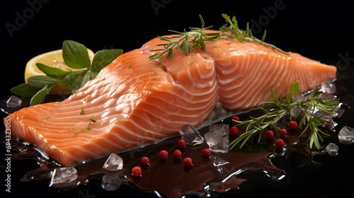 Fresh salmon with lemon slices on a wooden table, black and blurred background. Savor the Succulent Baked Salmon Fillet