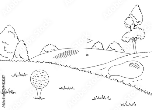 Golf course graphic black white landscape sketch illustration vector 
