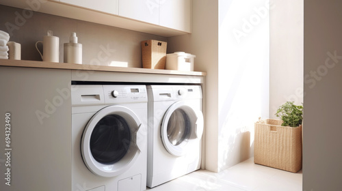 Interior of modern home laundry room with washing machine. Light tones. Generative AI