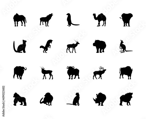 Animals silhouettes vector icons set. Isolated animal silhouettes horse, wolf, gopher, camel and more on a white background. photo