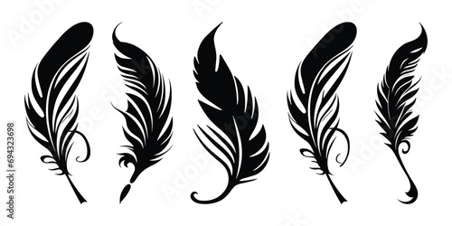 Bird Feather black silhouettes. Plumelet collection. Vector isolated on white