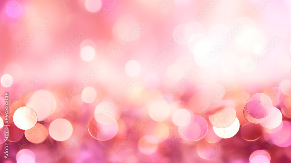 Pink background with sparkles and confetti. Selective focus.