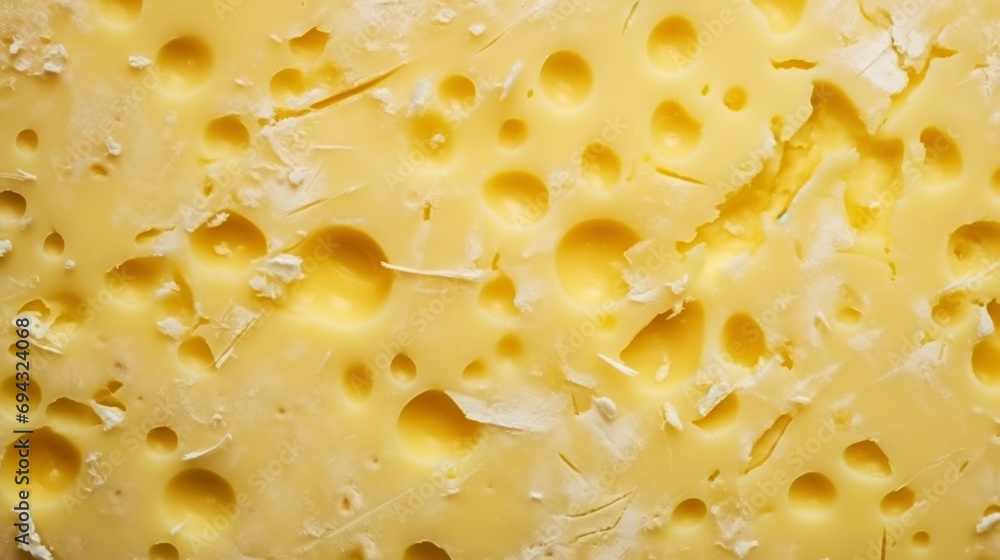 Close-up of cheese slice structure with holes. Food background. Generative AI Close-up of cheese slice structure with holes. Food background. Generative AI