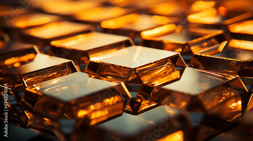 Abstract pattern of hexagonal mirrors. Golden sunset skies. High quality photo.