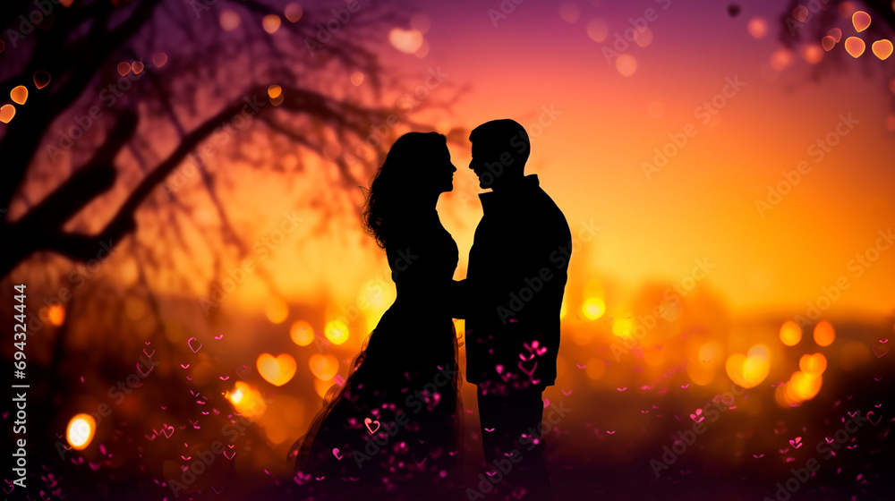 Silhouette of lovers at sunset. Selective focus.