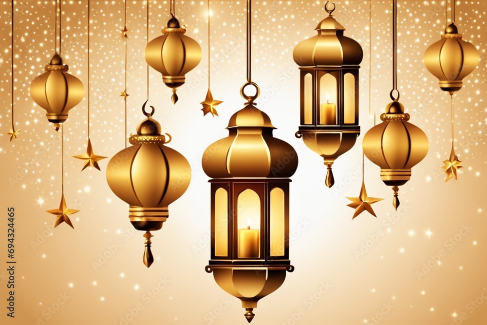 Radiant Ramadan Elegance Golden Lanterns Garland and 3D Arabic Ornamental Brilliance Radiant Ramadan Elegance Golden Lanterns Garland and 3D Arabic Ornamental Brilliance