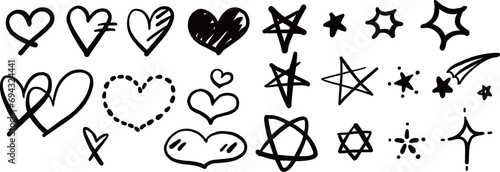 귀여운 하트와 별 아이콘, 손그림, hand drawing cute heart and star simbols photo