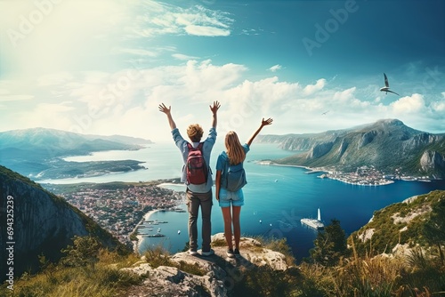 Mountain exploration. Breathtaking natural landscape with adventurous travelers embracing spirit of exploration. Set backdrop of mountains image captures essence of adventure and freedom