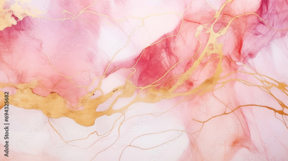 Marble ombre, alcohol ink, abstract art. Background made of white, gold and pink paints, gold veins. Generative AI