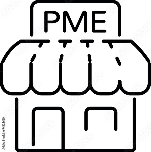 Icon of a small business storefront with "PME" sign, "petite et moyenne entreprise" for French speaker SME, small and medium-sized enterprise logo.