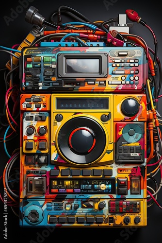 A dynamic boombox collage represents retro music culture with a modern twist