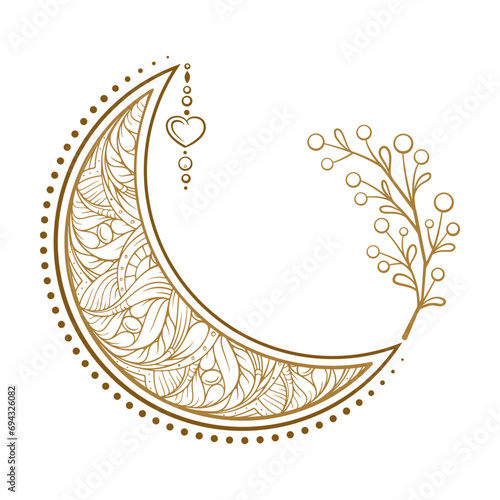 Golden crescent moon boho style illustration. Ethnic style vector graphic. photo