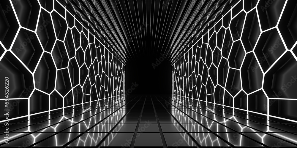 Sci Fi neon glowing lines in a dark tunnel. Reflections on the floor and ceiling. Empty background in the center. 3d rendering image. Abstract glowing lines. Technology futuristic background.
