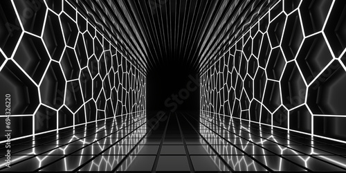 Obraz na płótnie Sci Fi neon glowing lines in a dark tunnel. Reflections on the floor and ceiling. Empty background in the center. 3d rendering image. Abstract glowing lines. Technology futuristic background. w salonie