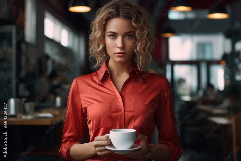 A young woman in a red shirt drinks coffee from a white cup. Coffee in the background. A young woman in a red shirt drinks coffee from a white cup. Coffee in the background.