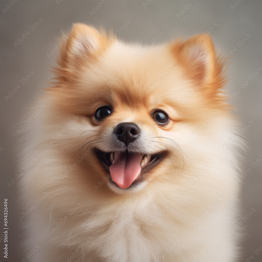 Happy spitz breed dog on neutral background.