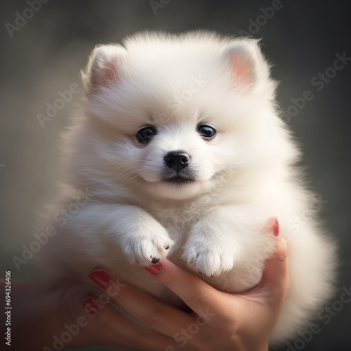 A happy spitz dog with a white coat