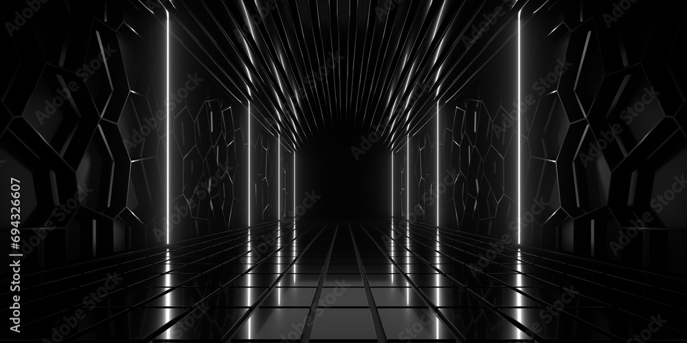Sci Fi neon glowing lines in a dark tunnel. Reflections on the floor and ceiling. Empty background in the center. 3d rendering image. Abstract glowing lines. Technology futuristic background.