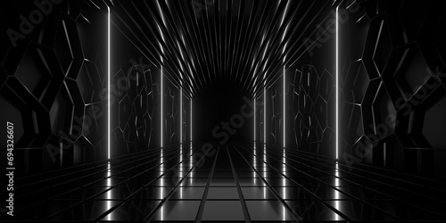 Sci Fi neon glowing lines in a dark tunnel. Reflections on the floor and ceiling. Empty background in the center. 3d rendering image. Abstract glowing lines. Technology futuristic background.