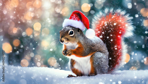 christmas squirrel with santa hat in snow with magical background