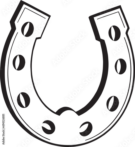 The horse's shoe. A symbol of good luck and happiness. Monochrome drawing. Black and white vector illustration