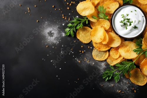 Potato chips with sour cream and parsley on a black background. copy space photo