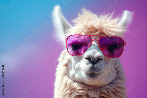 cool Llama wearing shades, blue background, close up