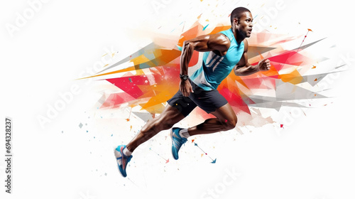 stockphoto, athlete graphic placement, print for sport, minimalistic. Strong athletic male figure sprinting. Simple background. Copy space available.
