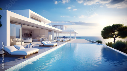 White Luxurious House Near An Ocean Background, 3d Illustration.AI Generative  © soni