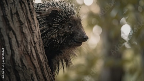 a porcupine climbing a tree photo