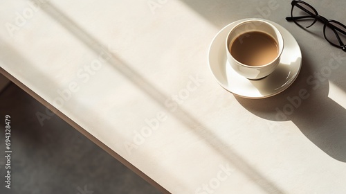 Overhead view of a minimalist coffee table with an open book, a steaming cup of coffee, and reading glasses casting shadows photo