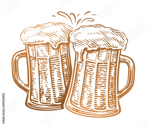 Two toasting beer mugs. Clinking glass tankards full of beer and splashed foam. Cheers, vector illustration