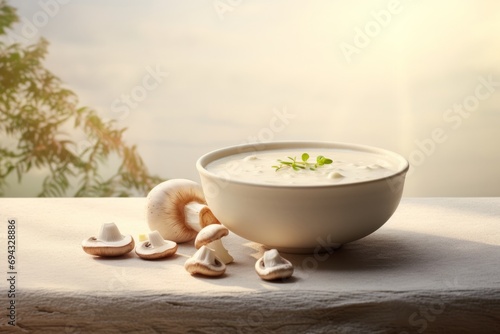 Mushroom cream soup with champignon mushrooms on wooden table