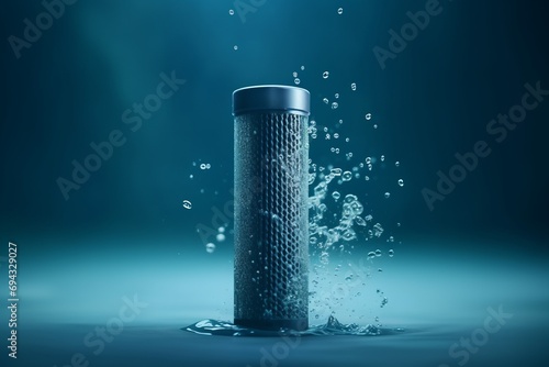 Water filter with water splashes on blue background.