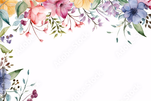 Watercolor Flowers Frame, Botanical Border Organic Shape Decorated, White Background