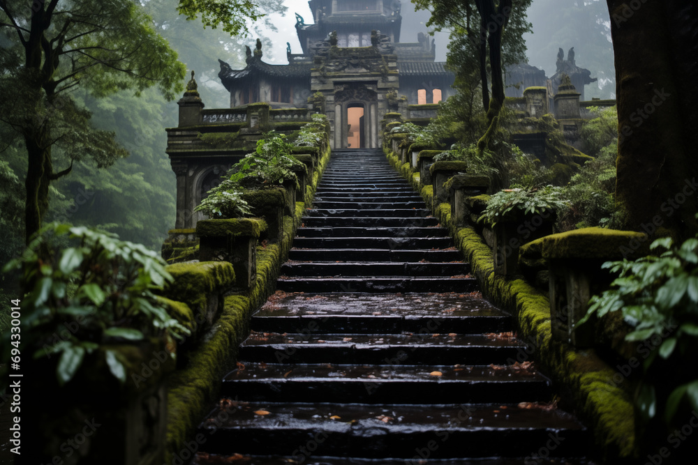 Mystical Ascent: The Mossy Stairs of a Fog-Enshrouded Shinto Temple Mystical Ascent: The Mossy Stairs of a Fog-Enshrouded Shinto Temple