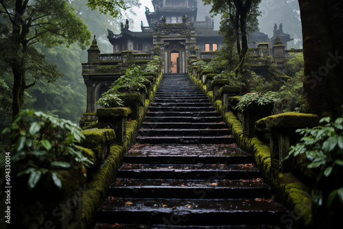 Mystical Ascent  The Mossy Stairs of a Fog-Enshrouded Shinto Temple